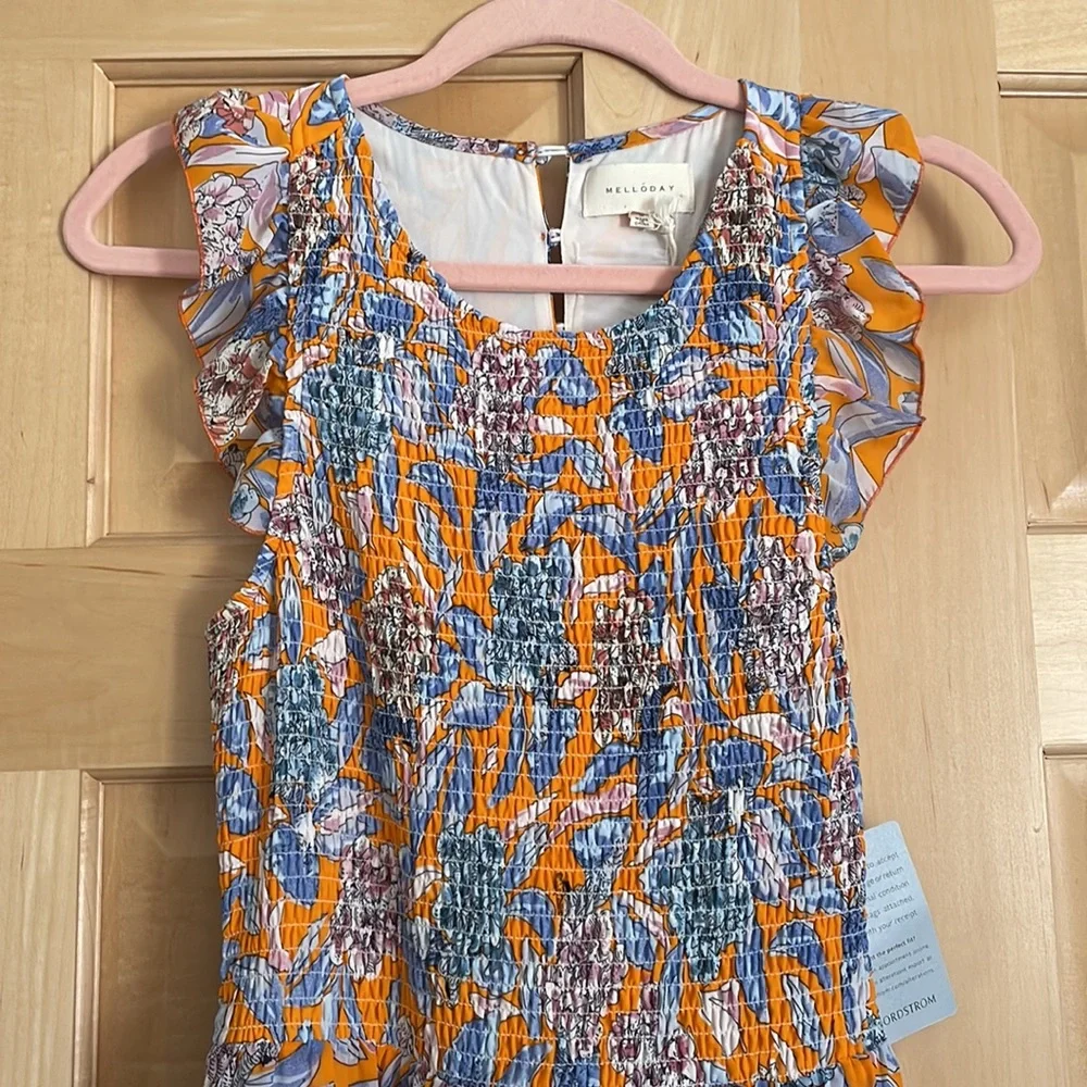 NWT Melloday Orange Tropical Smocked Bodice Ruffle Dress with Pockets in Size S - Picture 2 of 5